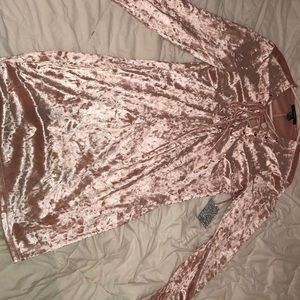 Pink velvety long sleeve mini dress W/ tie front.